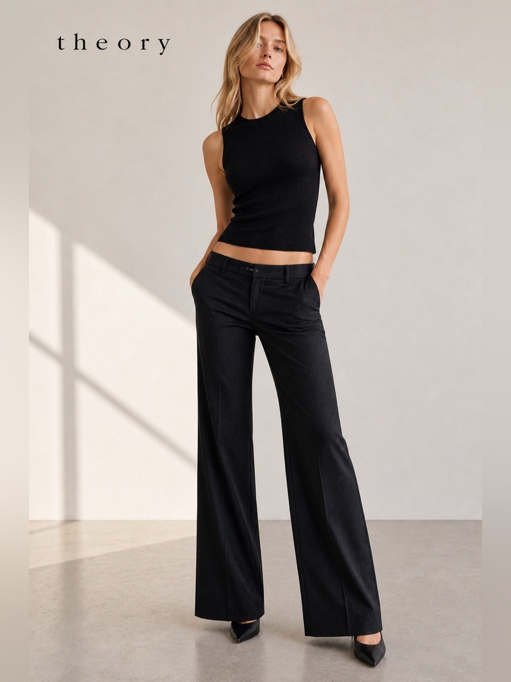 Theory Wool Pinstripe Wide Leg Trousers Black Tailored Pants Size 00